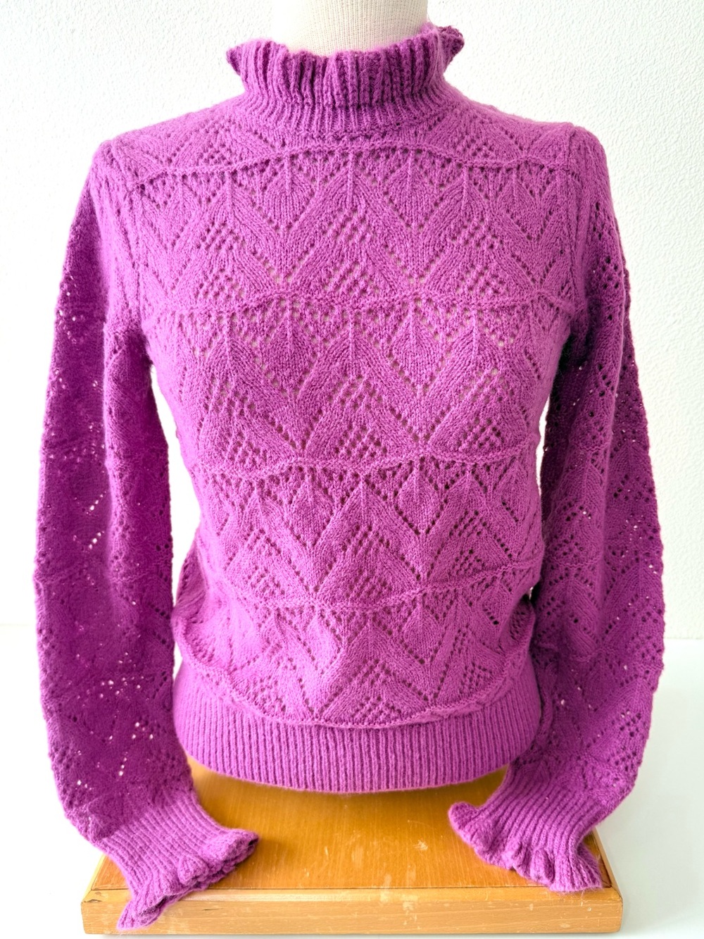 Sundance Orchid Purple Pointelle Knit Mock Turtleneck Sweater Ruffle Trim XS